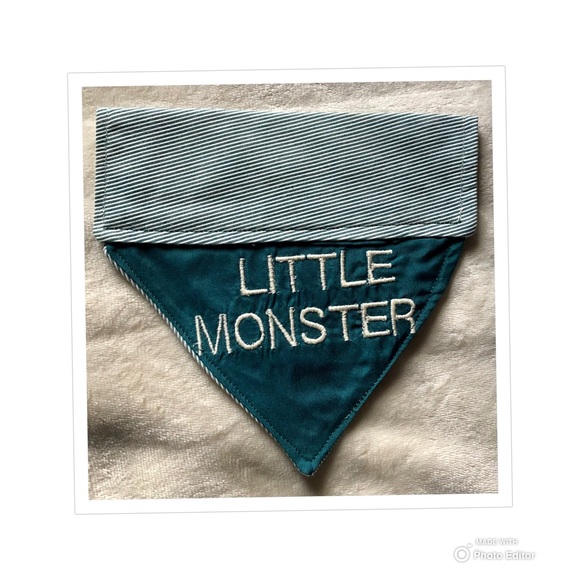 HANDMADE DOG BANDANA PERSONALIZED EMBROIDERED LITTLE MONSTER SLIP ON COLLAR - Picture 3 of 9